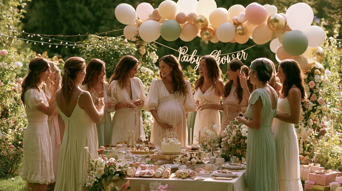 Une future maman entourée de ses proches ouvre des cadeaux lors d'une baby shower lumineuse