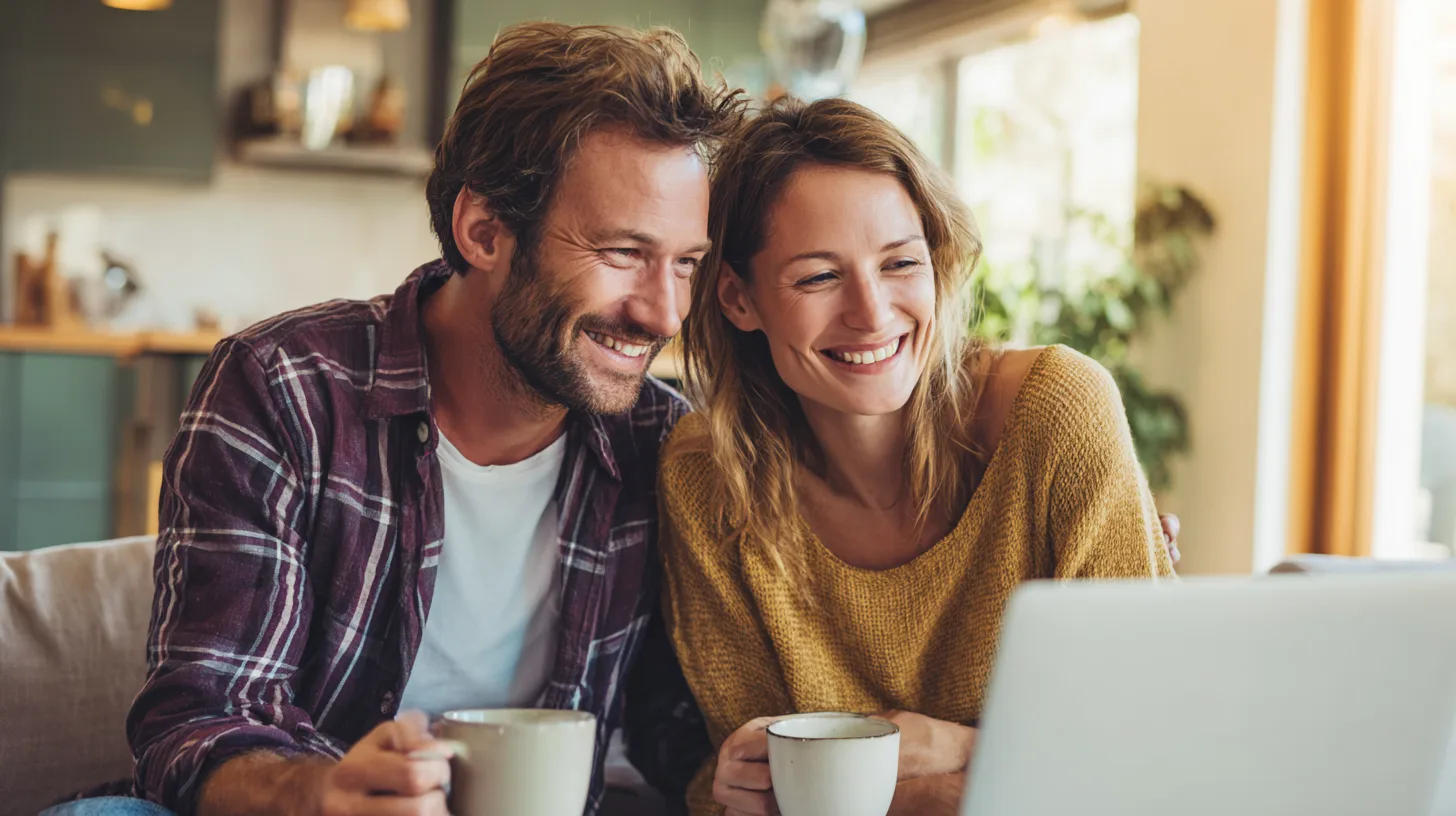 Un couple souriant établit le budget de son mariage à la maison, ordinateur et carnet