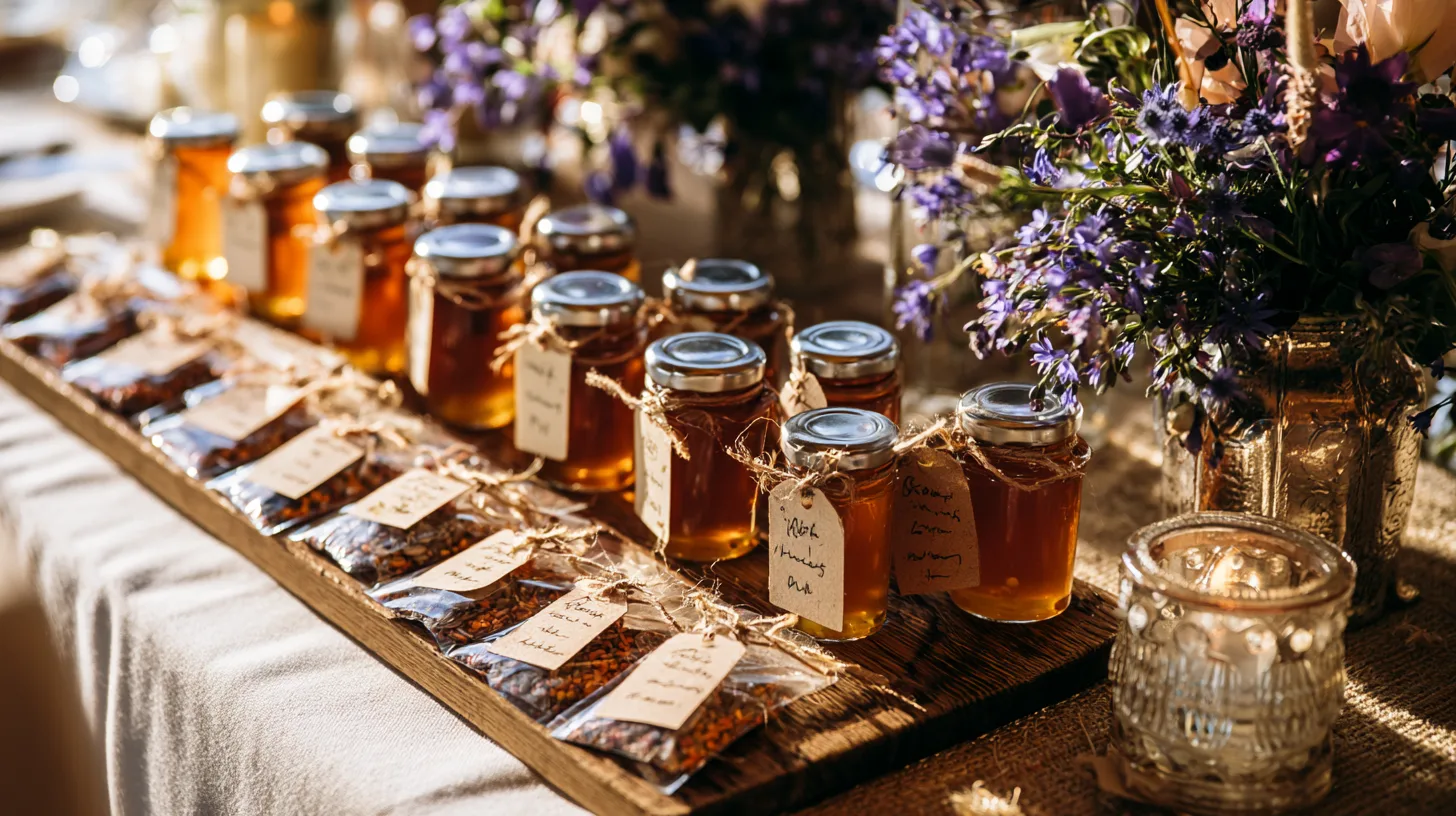 De jolis petits cadeaux d'invités disposés avec soin sur une table de mariage