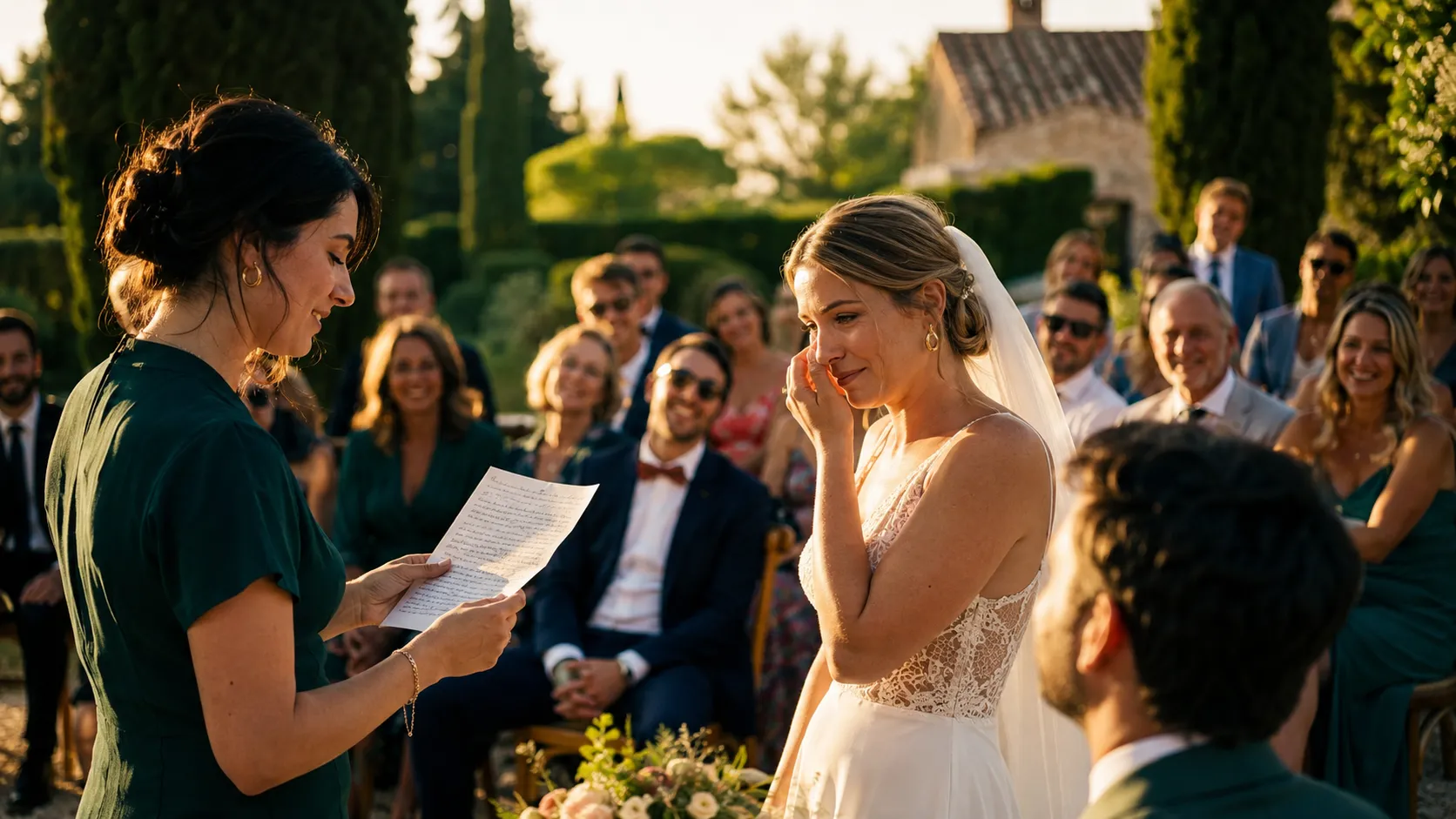 Un couple debout sous une arche de branchages écoute une amie lire un discours devant des invités assis dans un jardin ensoleillé