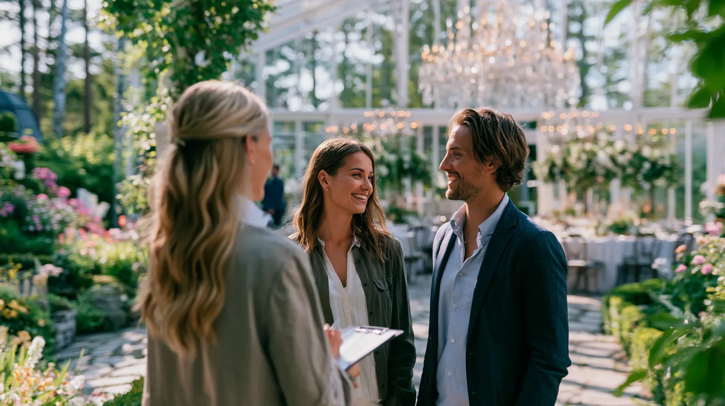 Un couple visite un domaine de réception lumineux entouré de verdure