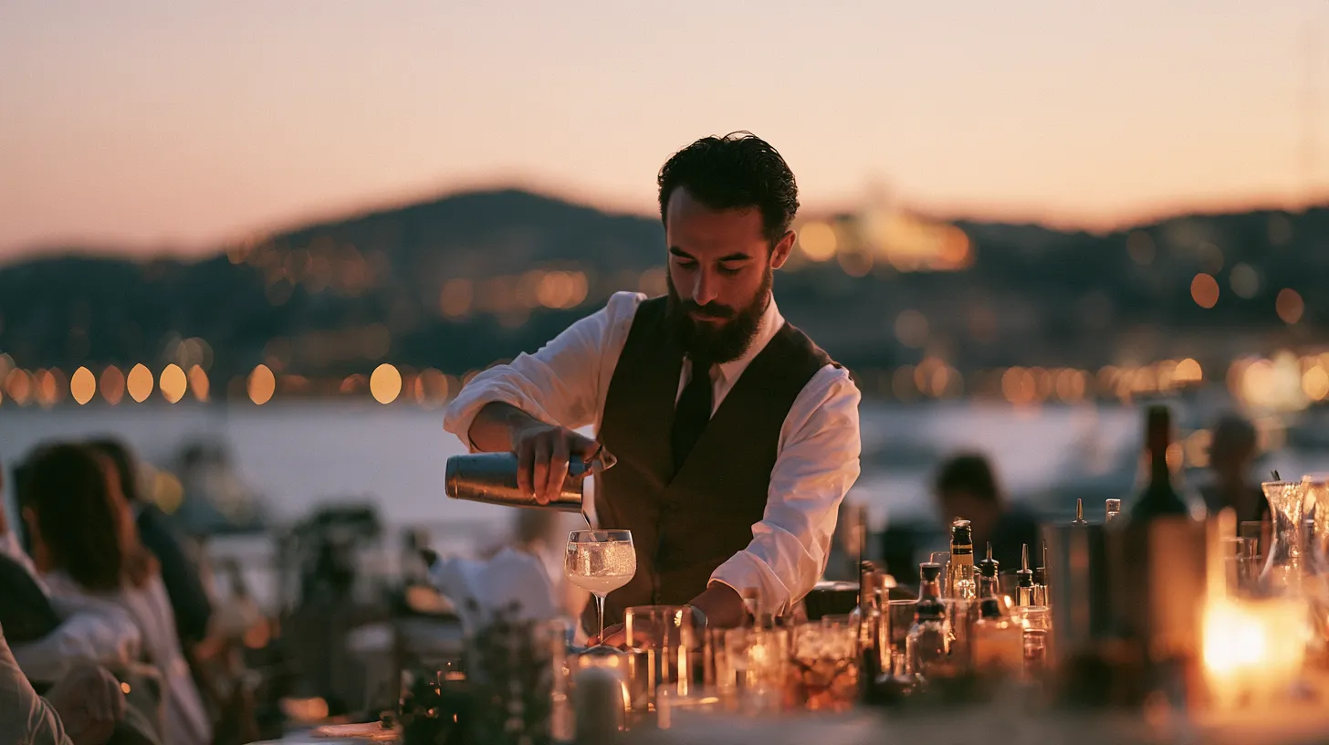 Barman en tablier de lin versant un cocktail orange dans un verre lors d'un vin d'honneur en extérieur, invités flous en arrière-plan