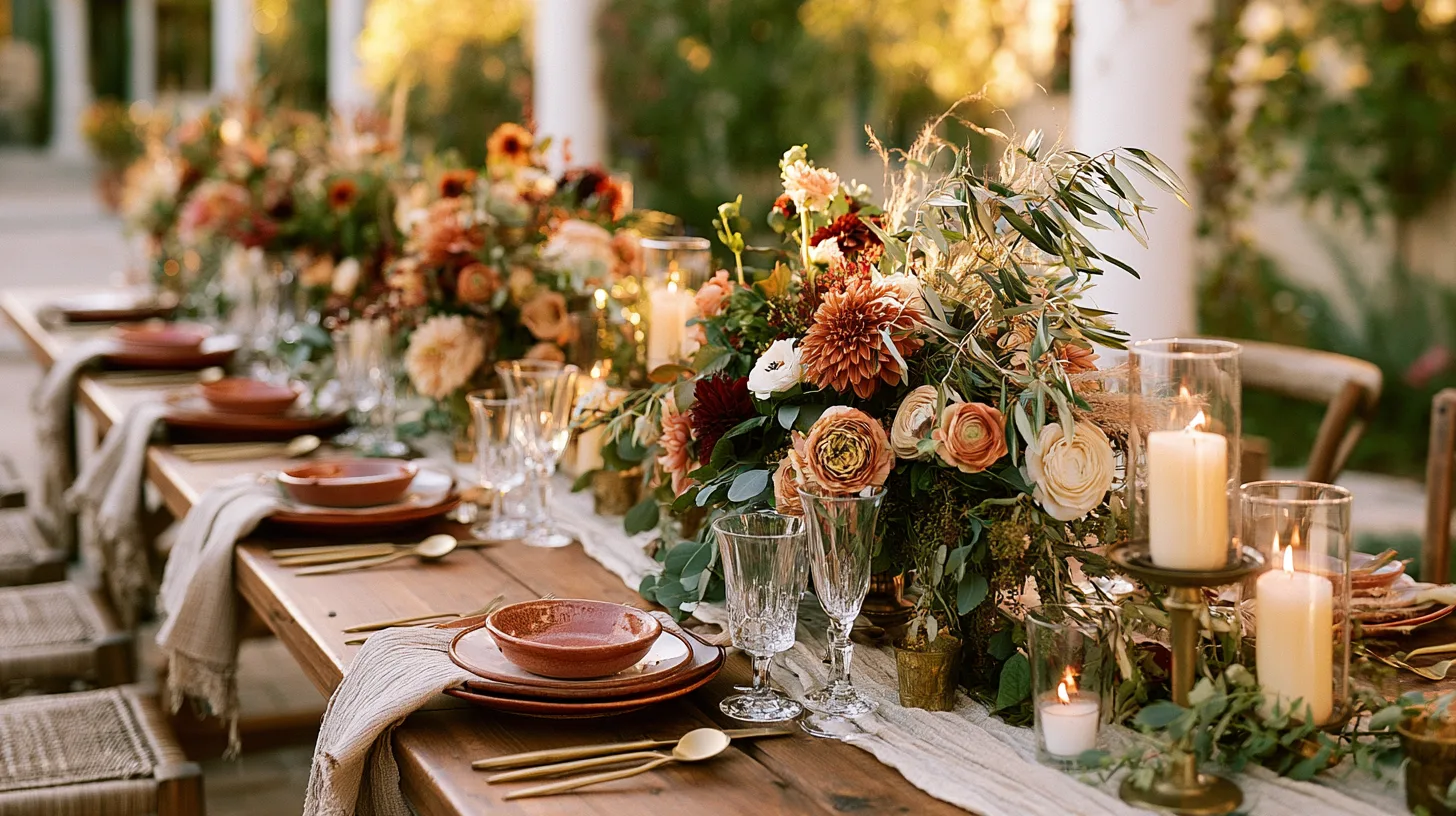 Table de mariage élégante aux tons terracotta et verts, bougies et fleurs de saison