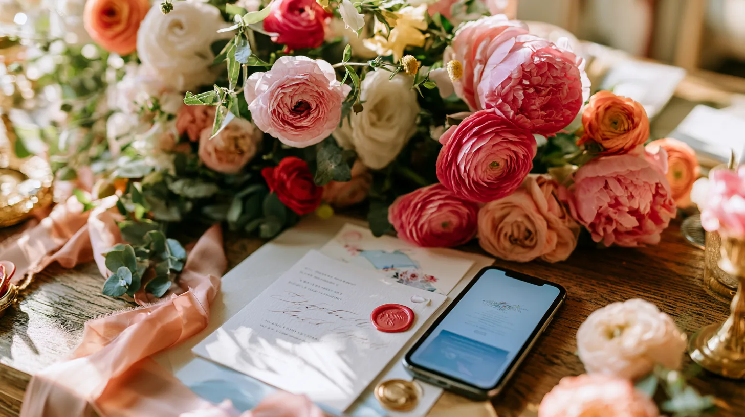 Un faire-part de mariage élégant posé à côté d'un smartphone affichant une invitation digitale