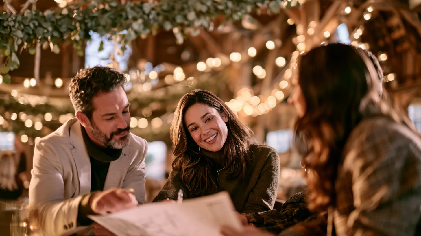 Une wedding planner en tailleur clair vérifie un plan de salle avec un couple souriant dans une grange décorée pour un mariage