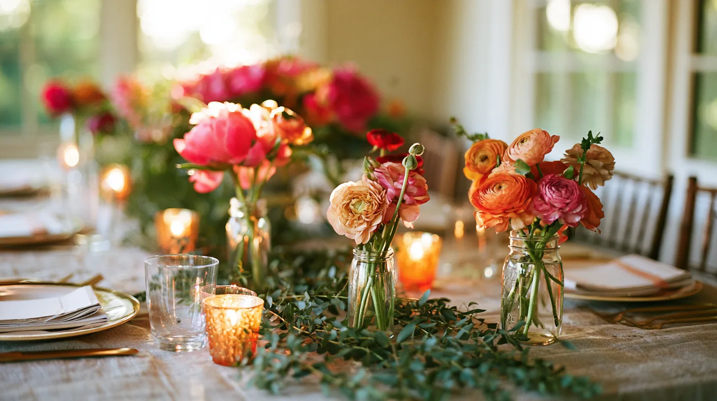 Un centre de table composé de quelques soliflores aux fleurs claires et de branches d'eucalyptus posés sur une nappe de lin dans une salle de réception lumineuse.