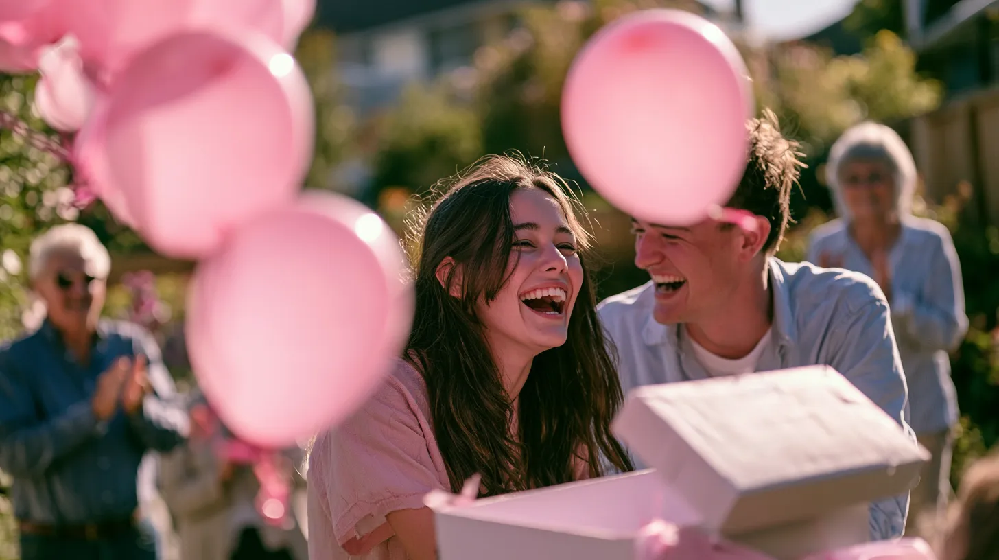 Un jeune couple souriant ouvre une grande boîte blanche d'où s'échappe une grappe de ballons roses dans un jardin ensoleillé