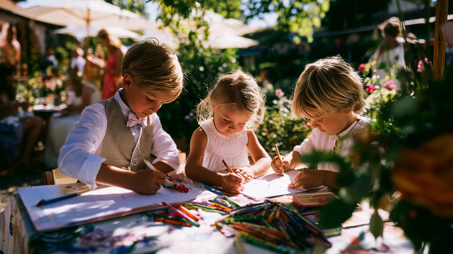 Des enfants s'amusent à une table d'activités décorée lors d'un mariage ensoleillé