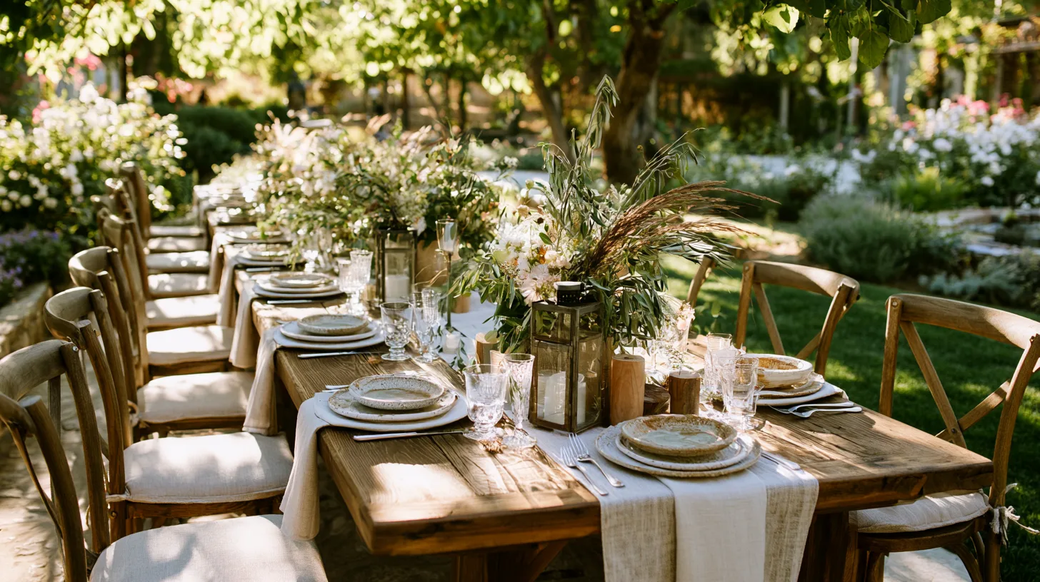Une table de mariage champêtre décorée de fleurs de saison et de matières naturelles