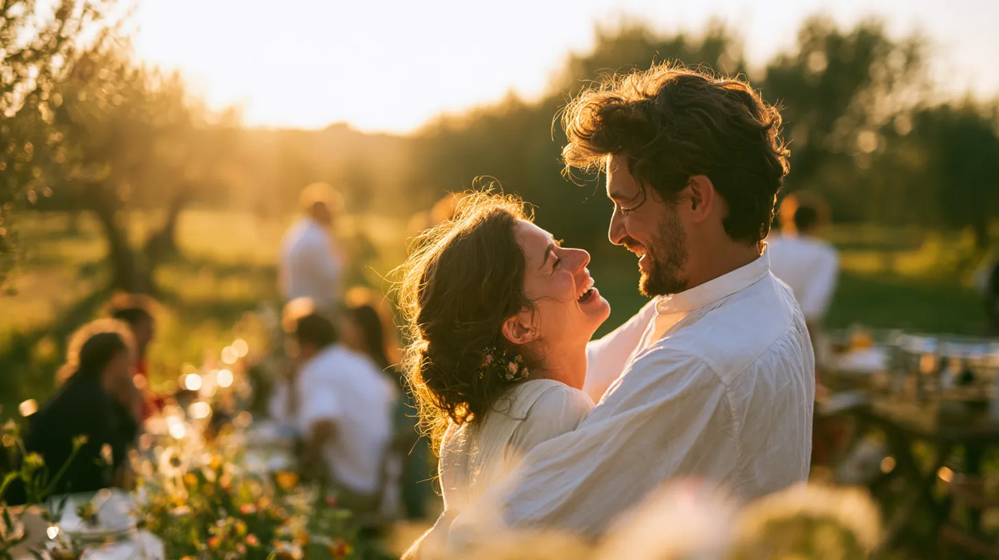 Jeune couple de mariés qui rit en trinquant pendant un buffet en extérieur, tables simples et fleurs de saison sous une lumière de fin de journée