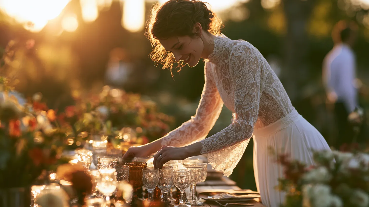 Une mariée en robe de dentelle sourit en disposant des photophores en verre dépareillés sur une longue table de réception en bois