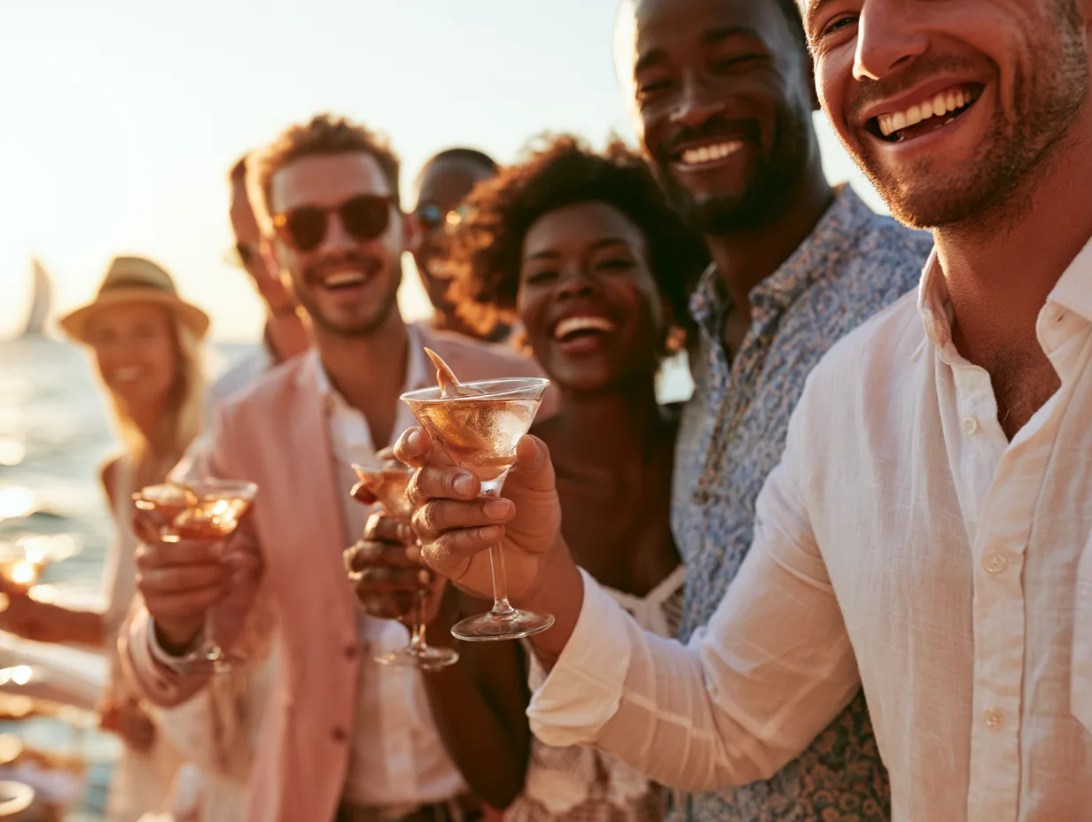 Des invités trinquent joyeusement lors d'une fête d'anniversaire en soirée sous des guirlandes lumineuses