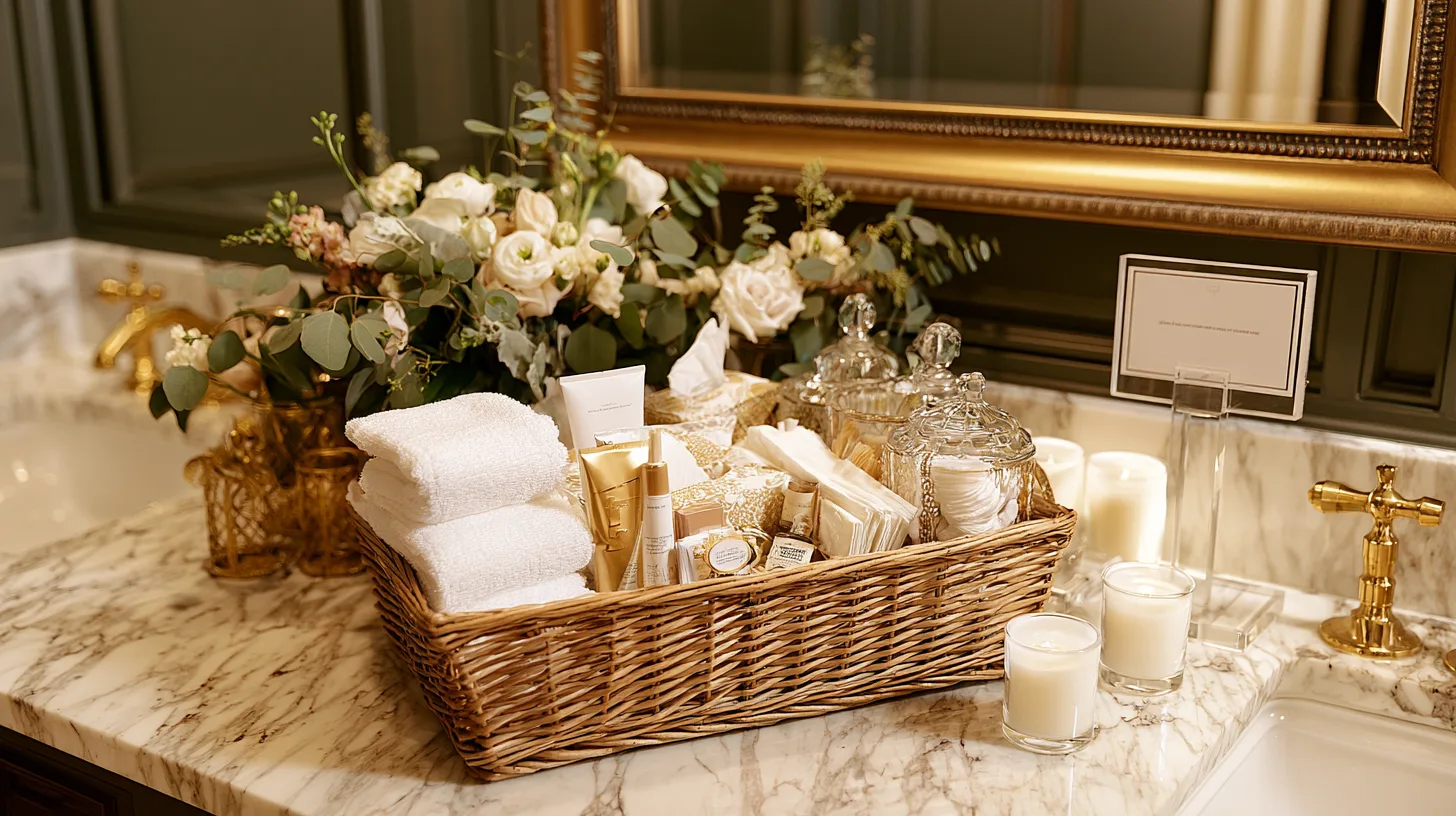 Un joli panier garni de petits accessoires de dépannage posé dans l'espace toilettes d'un mariage