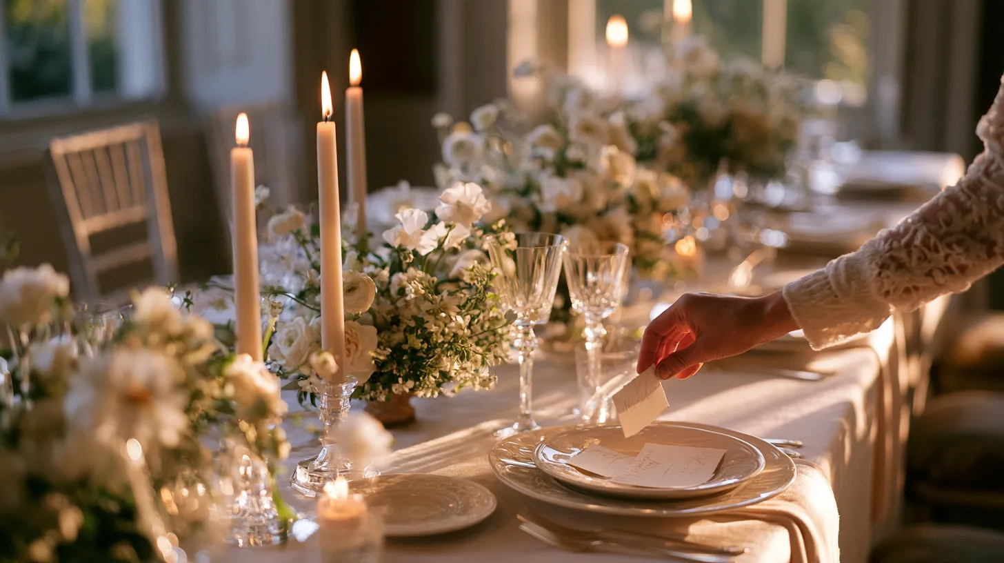 Vue de dessus d'une longue table de réception dressée en blanc, avec des marque-places calligraphiés posés sur les assiettes et des bouquets bas