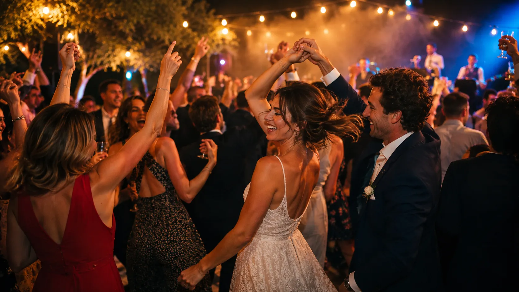 Des invités bras levés sur une piste de danse bondée lors d'une soirée de mariage, lumières chaudes et sourires