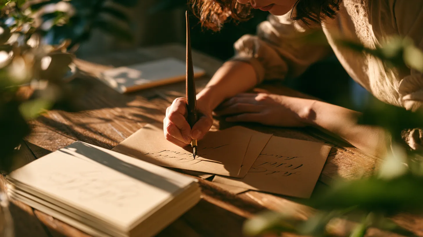 Mains d'une femme écrivant des adresses à la plume sur des enveloppes kraft, à côté d'une pile de faire-part crème sur une table en bois