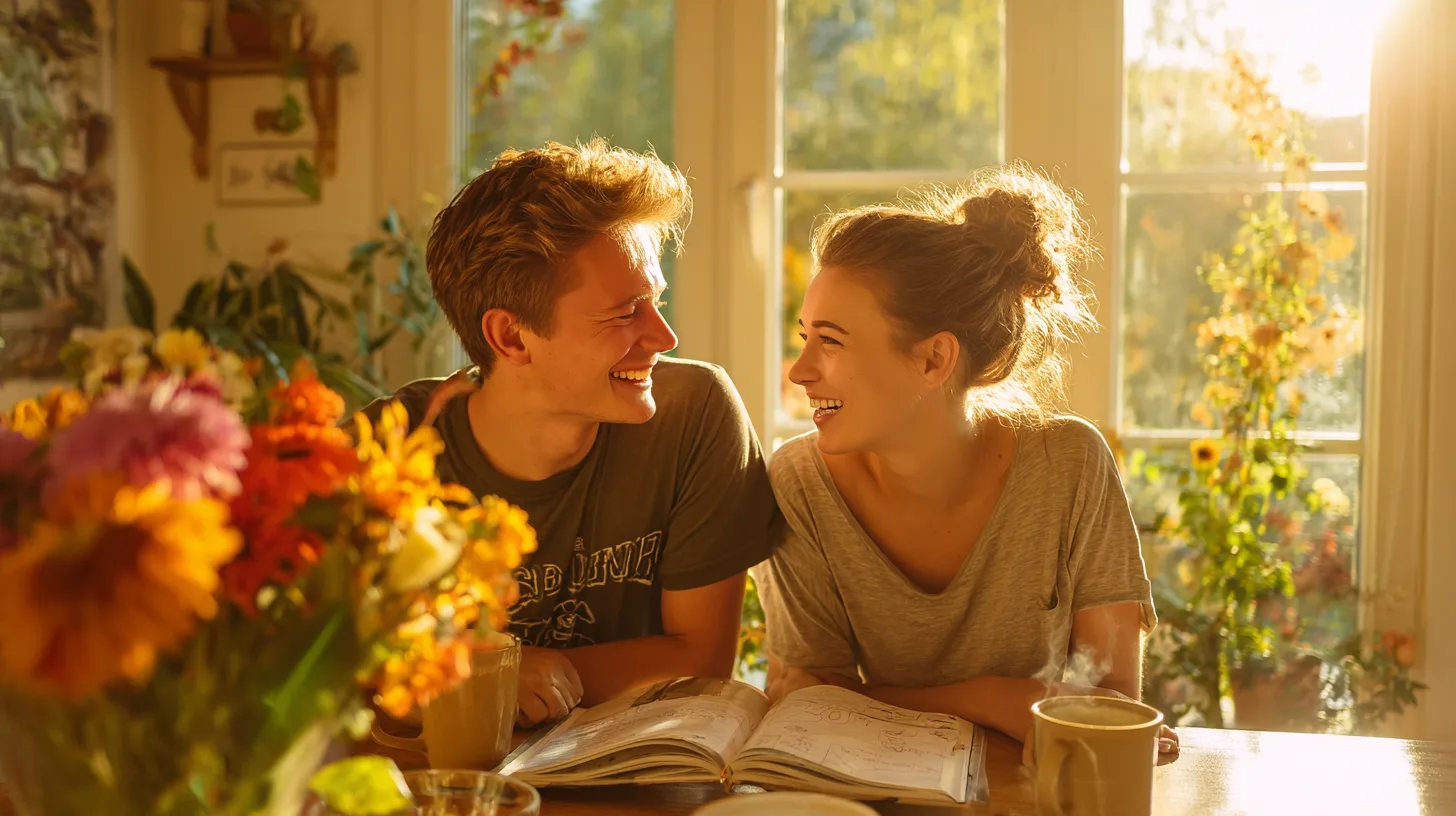 Un couple prépare son mariage ensemble à la table du matin, complices autour d'un agenda et d'un café