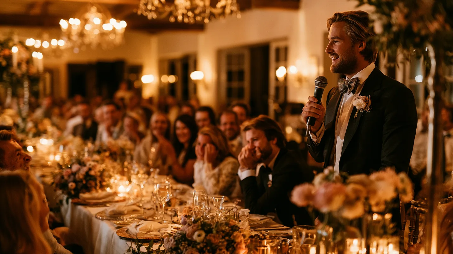 Un témoin ému prononce un discours lors d'un mariage, invités attendris autour de la table