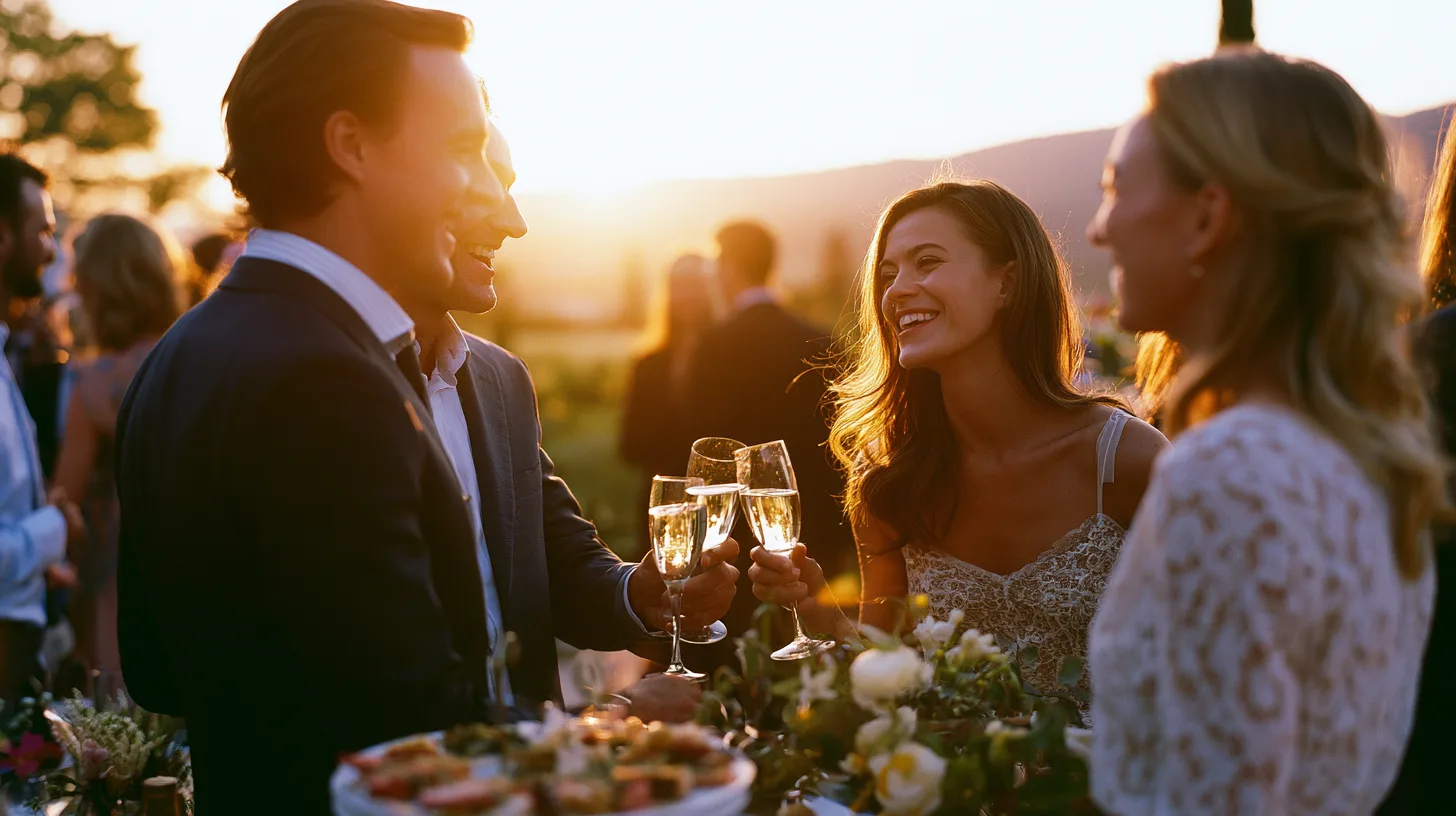 Des invités trinquent au champagne lors d'un vin d'honneur en extérieur au coucher du soleil